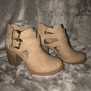 Soda Tan Buckle Heels with Zipper